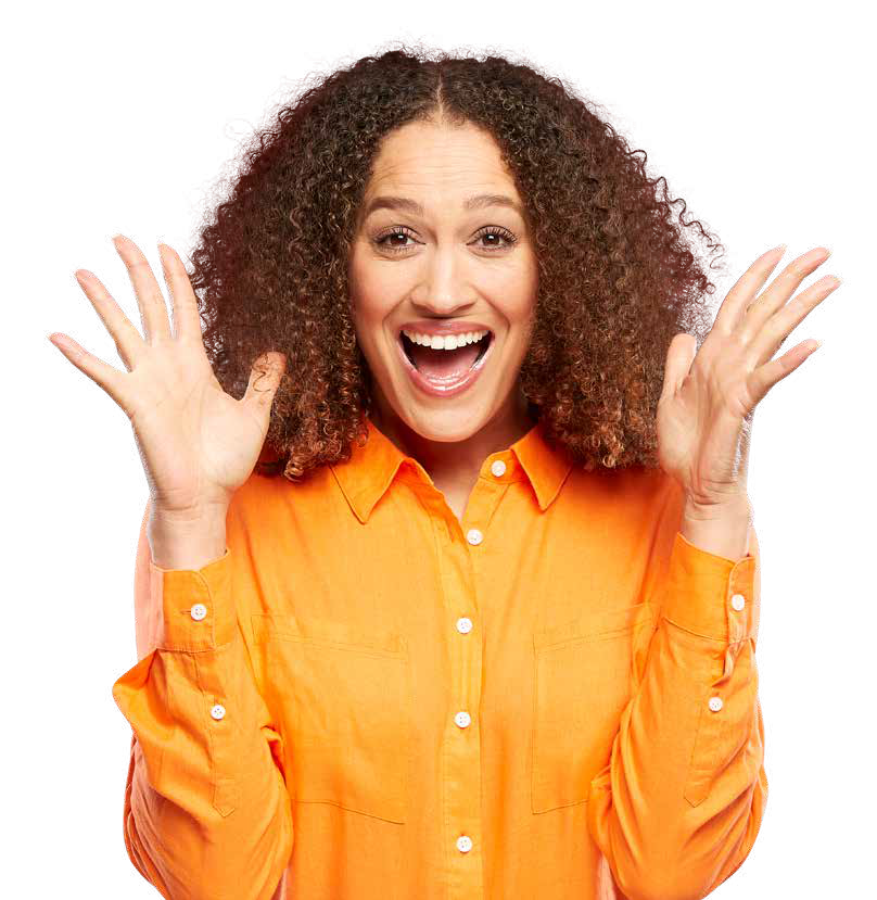 Woman with hands out smiling