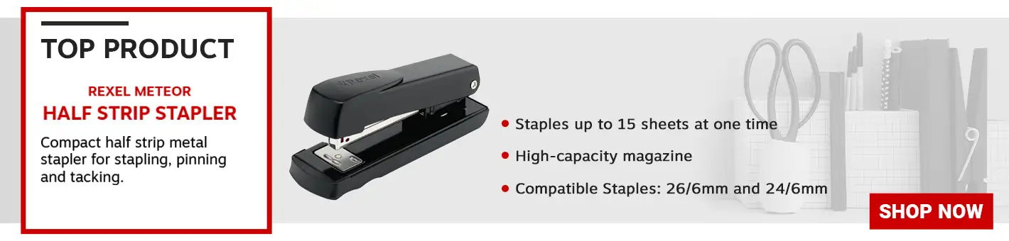 Rexel Meteor Half Strip Stapler 20 Sheet Black 2100019. Staples up to 20 sheets of 80gsm paper. All metal design. Easy top loading mechanism. For stapling, pinning and tacking. 65mm throat depth.