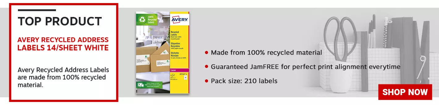 Avery Recycled Address Labels 14/Sheet White (Pack of 210) LR7163-15. These Avery Recycled Address Labels are made from 100% recycled material. There are 14 white laser labels per sheet and 15 sheets in a pack.