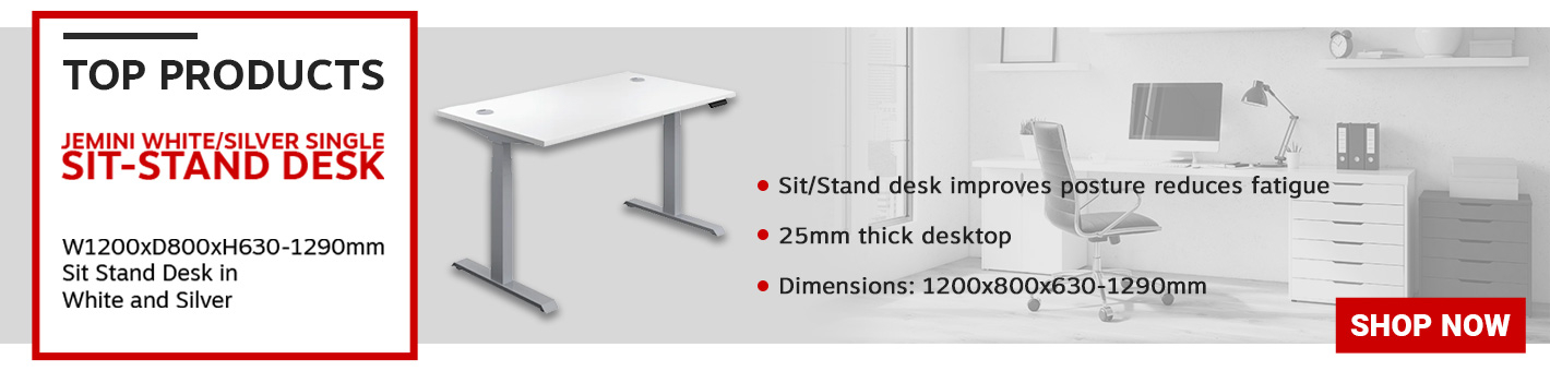 Jemini Sit/Stand Desk with Cable Ports 1200x800x630-1290mm White/Silver KF809739. Sit/Stand variable height desks improve posture reduce fatigue and encourage active working.25mm thick desktop. Leg Colour: Silver. Non-returnable.