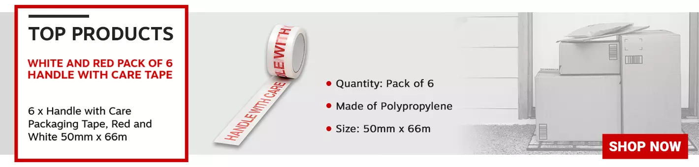 Polypropylene Tape Printed Handle With Care 50mmx66m White Red (Pack of 6) 